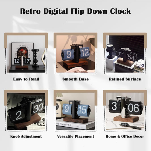 Retro Digital Flip down Clock, Battery Powered Internal Gear Operated Clock, Classic Mechanical, Black Walnut Base, for Home & Office Decor(Black)