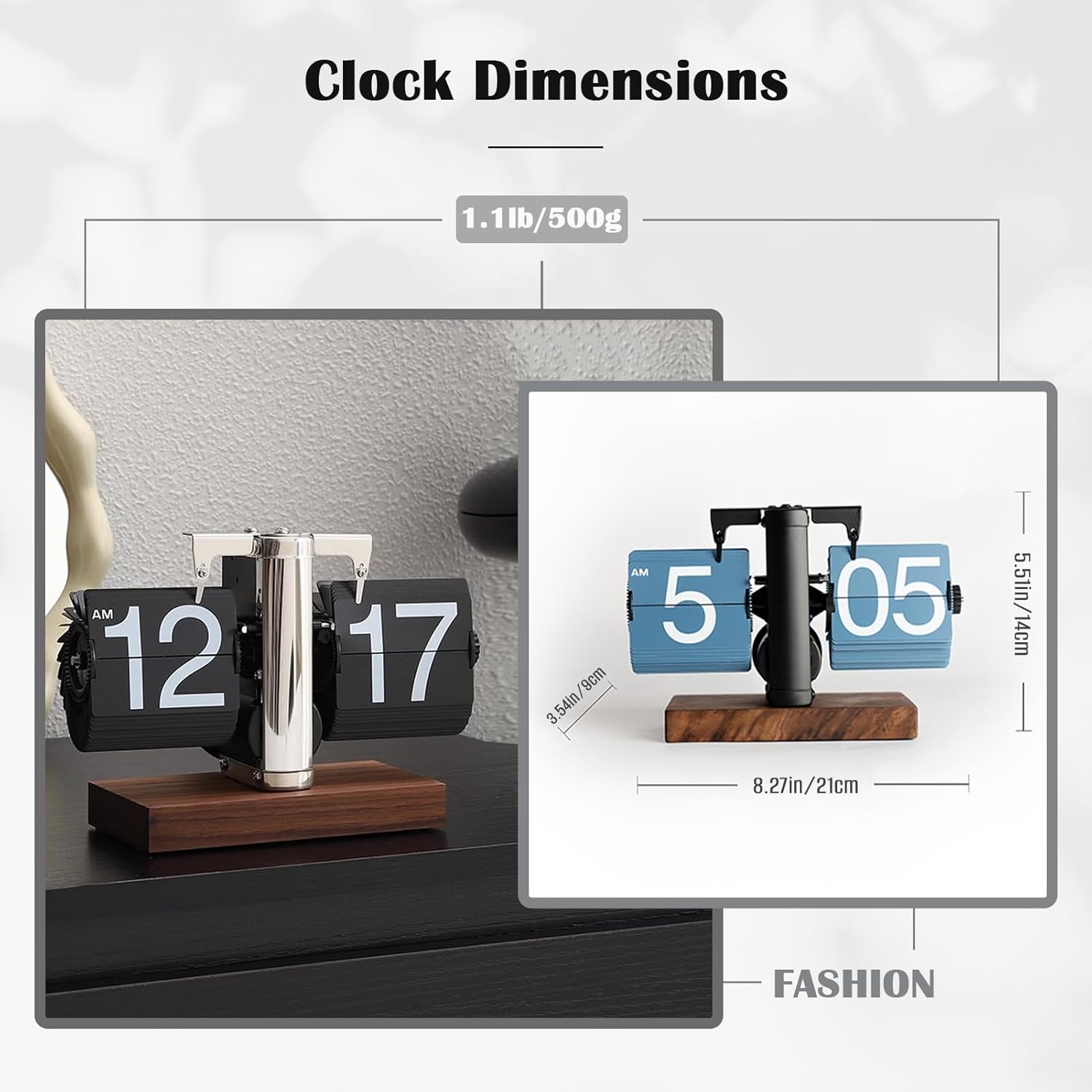 Retro Digital Flip down Clock, Battery Powered Internal Gear Operated Clock, Classic Mechanical, Black Walnut Base, for Home & Office Decor(Black)
