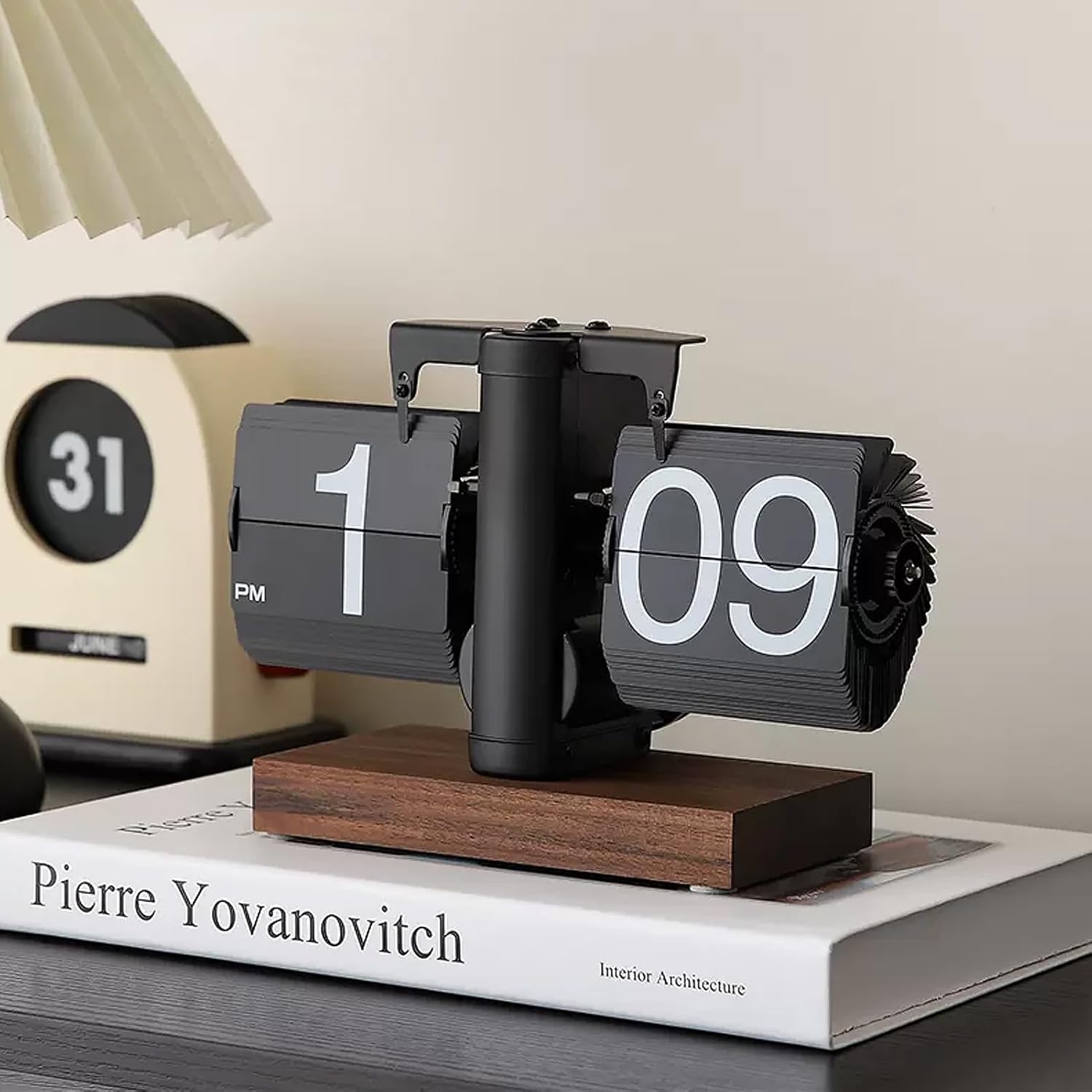 Retro Digital Flip down Clock, Battery Powered Internal Gear Operated Clock, Classic Mechanical, Black Walnut Base, for Home & Office Decor(Black)