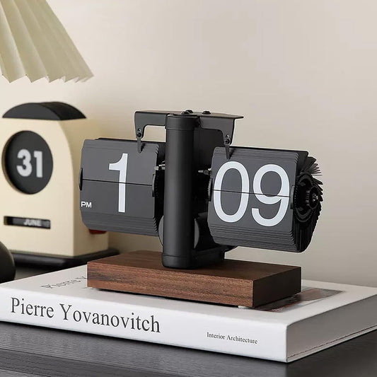 Retro Digital Flip down Clock, Battery Powered Internal Gear Operated Clock, Classic Mechanical, Black Walnut Base, for Home & Office Decor(Black)