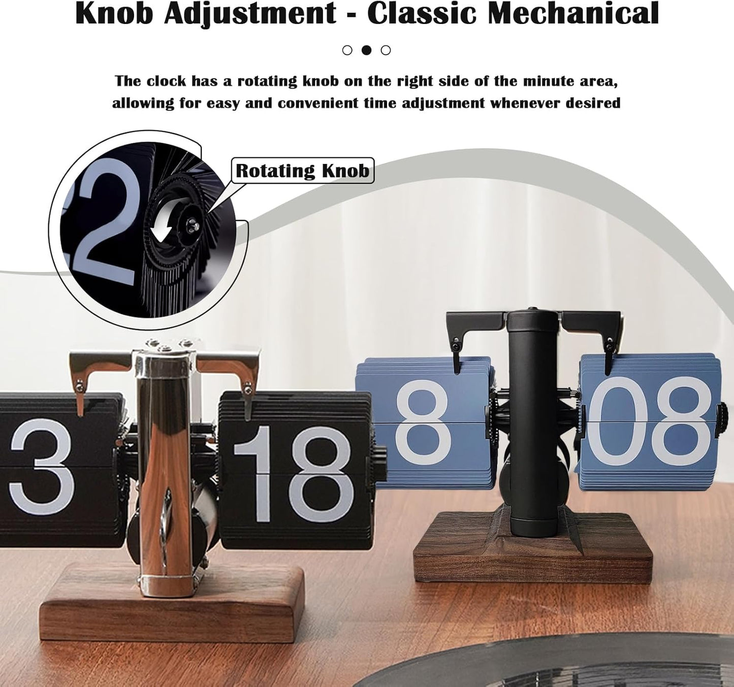 Retro Digital Flip down Clock, Battery Powered Internal Gear Operated Clock, Classic Mechanical, Black Walnut Base, for Home & Office Decor(Black)
