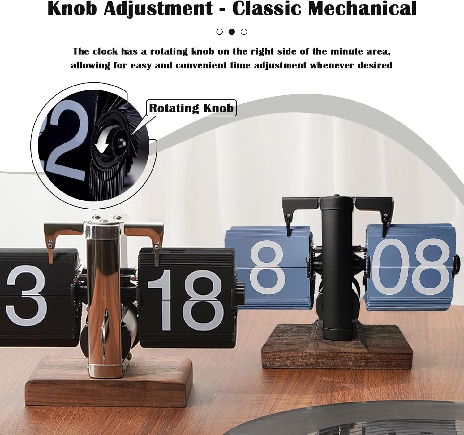 Retro Digital Flip down Clock, Battery Powered Internal Gear Operated Clock, Classic Mechanical, Black Walnut Base, for Home & Office Decor(Black)