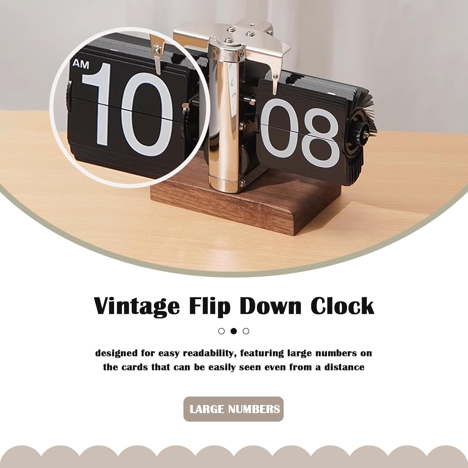 Retro Digital Flip down Clock, Battery Powered Internal Gear Operated Clock, Classic Mechanical, Black Walnut Base, for Home & Office Decor(Black)