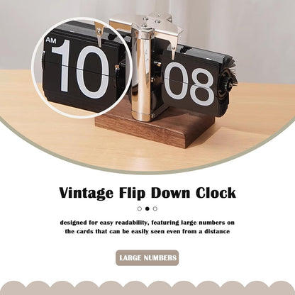 Retro Digital Flip down Clock, Battery Powered Internal Gear Operated Clock, Classic Mechanical, Black Walnut Base, for Home & Office Decor(Black)