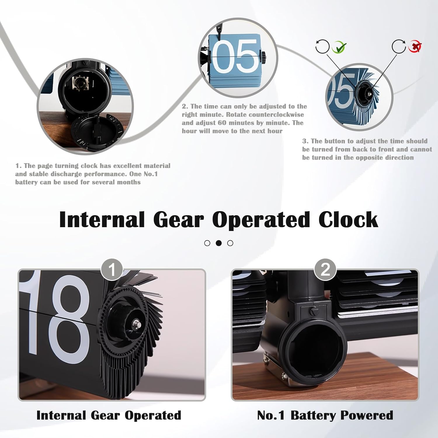 Retro Digital Flip down Clock, Battery Powered Internal Gear Operated Clock, Classic Mechanical, Black Walnut Base, for Home & Office Decor(Black)